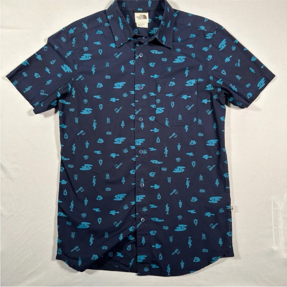 The North Face Blue Shirt with Light Blue Camping Patterns